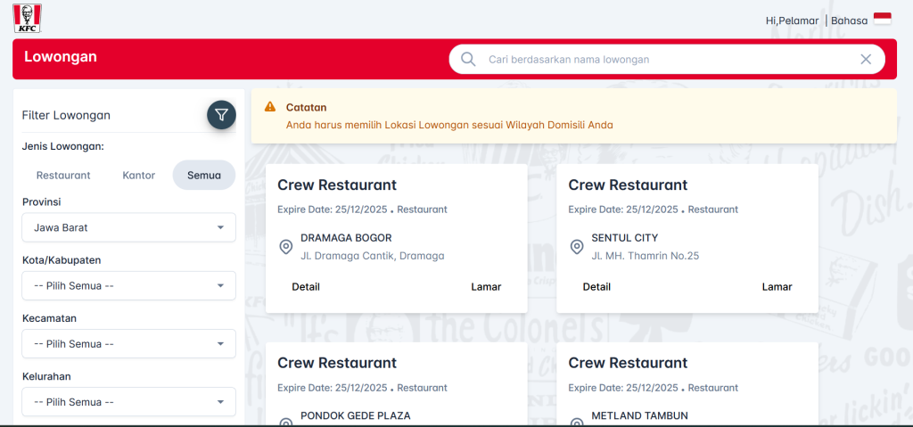 Lowongan Kerja KFC Indonesia Penempatan SENTUL CITY 3 KFC